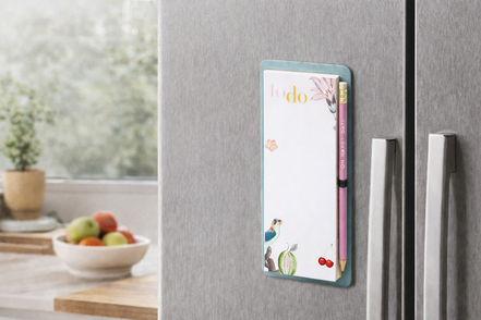 To-do list magnetica applicata su frigorifero in una cucina ordinata

