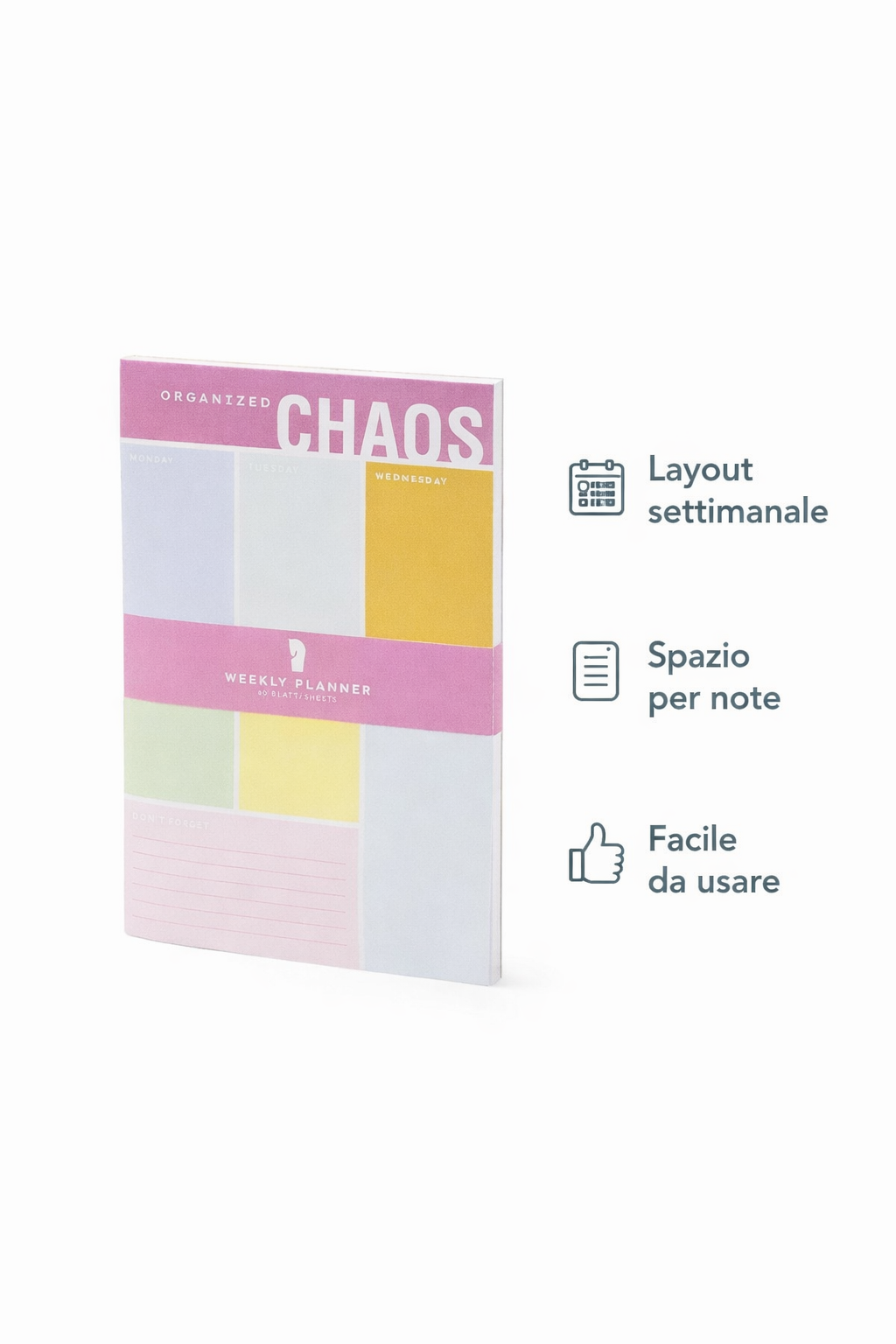 Weekly planner con layout settimanale e spazio per note e appunti
