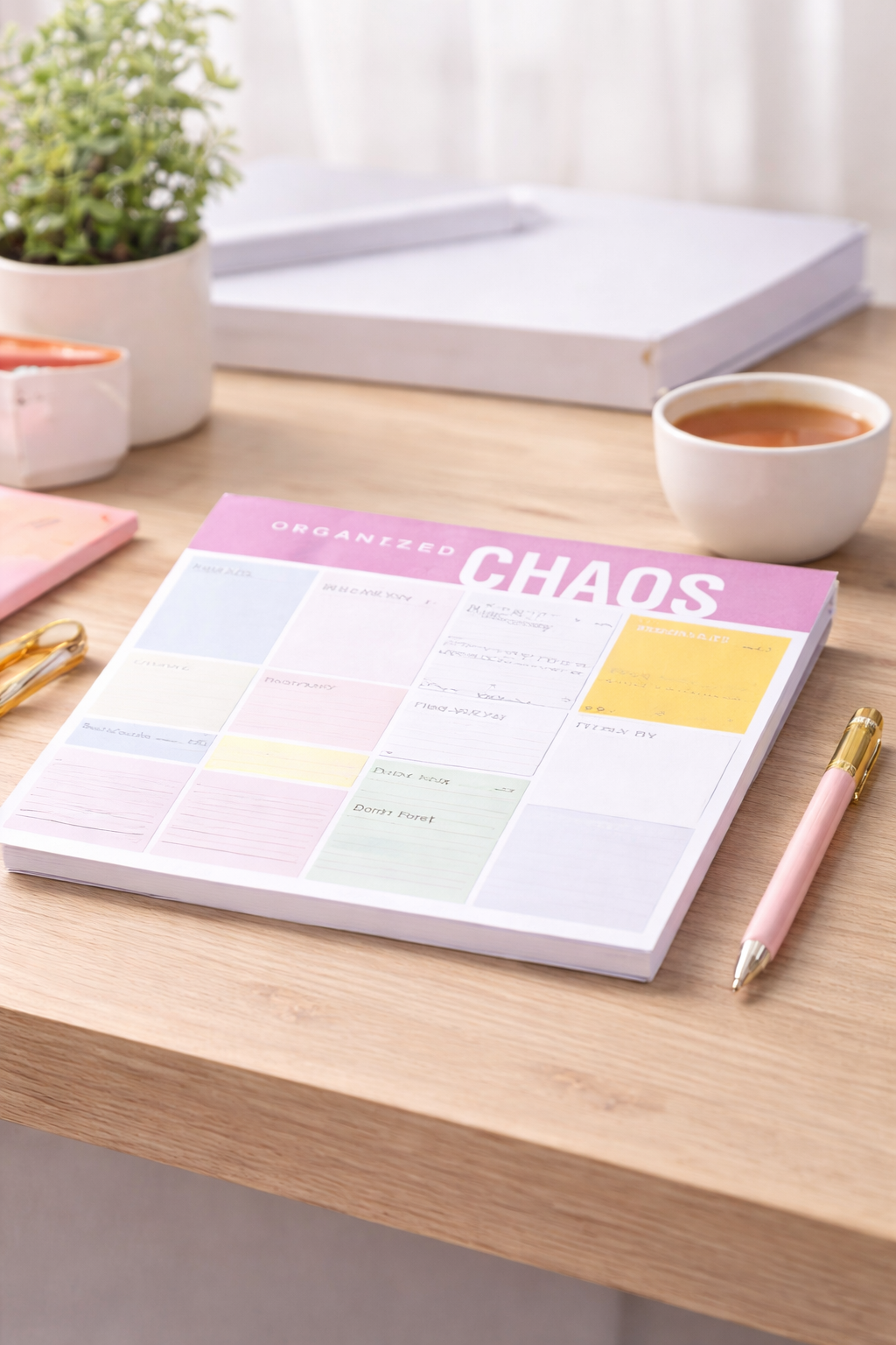 Weekly planner utilizzato su una scrivania ordinata per pianificare la settimana
