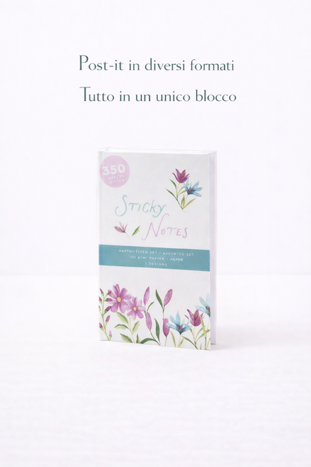 Sticky note book con diversi formati di post-it per appunti e idee
