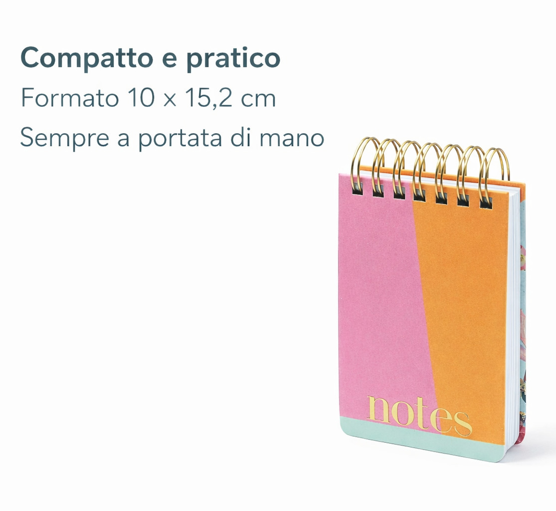 Block notes spiralato compatto con fogli a righe, ideale per appunti quotidiani