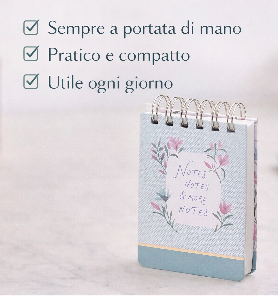 Block notes spiralato compatto con copertina colorata e spirale, ideale per prendere appunti, annotare idee e promemoria quotidiani, pratico da tenere sempre a portata di mano