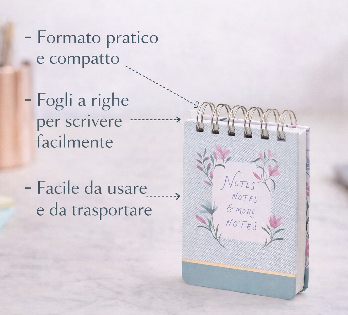Block notes spiralato compatto con fogli a righe, formato pratico ideale per appunti quotidiani, idee e promemoria, design colorato e funzionale.