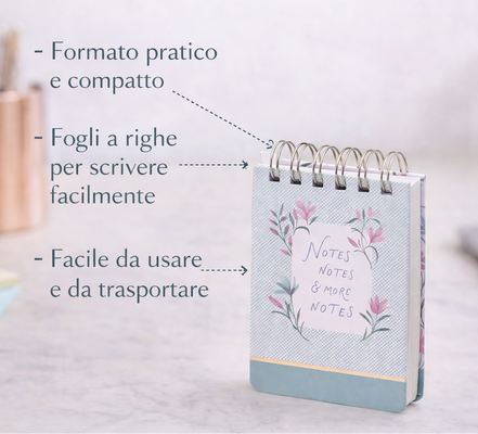 Block notes spiralato compatto con fogli a righe, formato pratico ideale per appunti quotidiani, idee e promemoria, design colorato e funzionale.