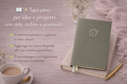 Taccuino A5 in pelle vegana verde con quadrifoglio dorato, quaderno elegante per appunti, idee e progetti, ideale per scrivania e regalo.