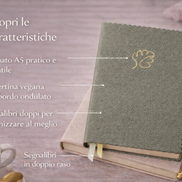 accuino A5 con copertina vegana giallo-verde, simbolo FOGLIA doratA, carta di alta qualità per scrivere e pianificare idee e progetti, elegante e sostenibile