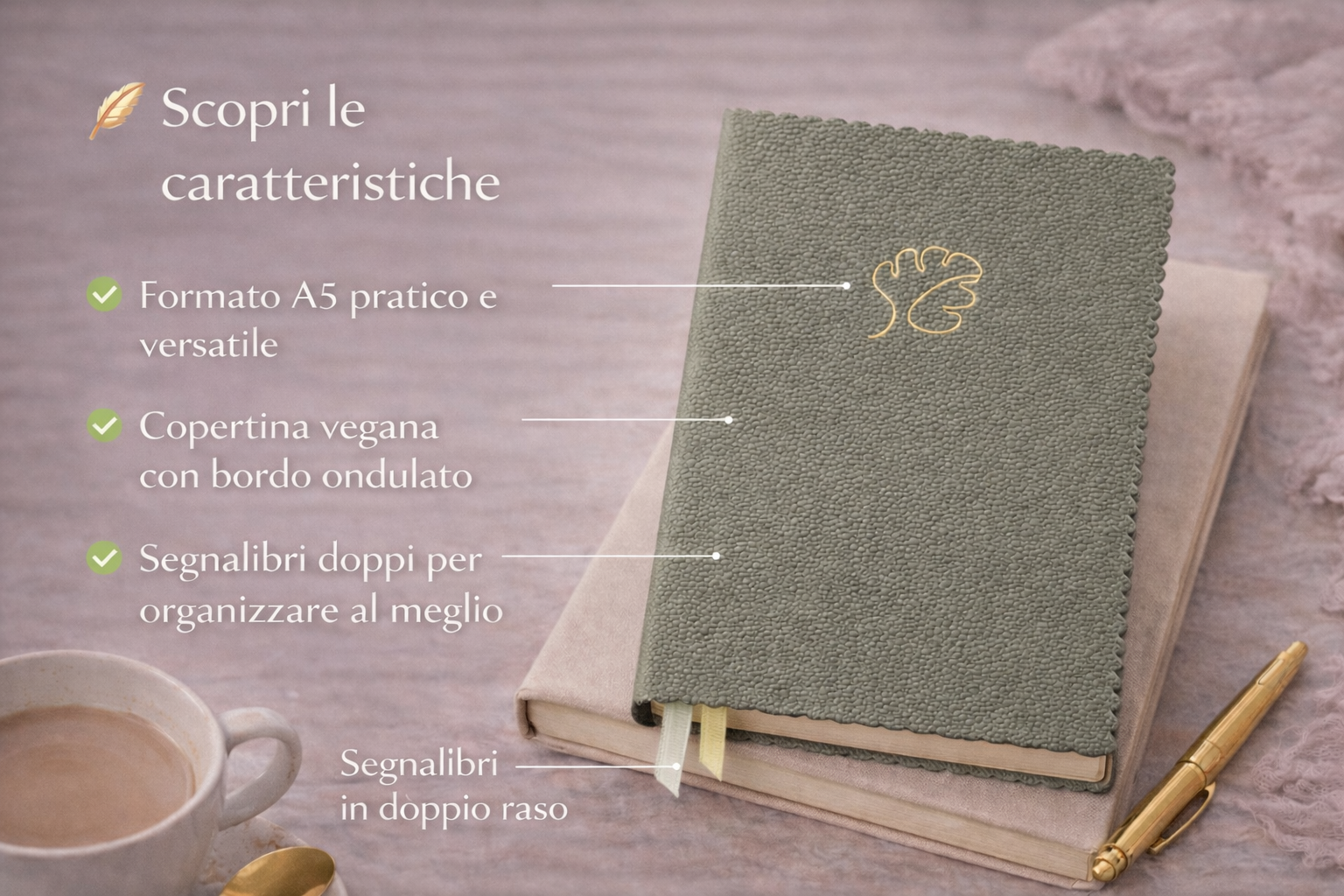 accuino A5 con copertina vegana giallo-verde, simbolo FOGLIA doratA, carta di alta qualità per scrivere e pianificare idee e progetti, elegante e sostenibile