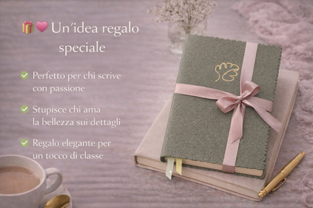 Taccuino A5 elegante con copertina vegana verde salvia, idea regalo raffinata per chi ama scrivere, pianificare e organizzare con stile.