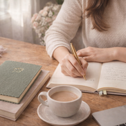 Taccuino A5 con copertina vegana verde salvia e dettaglio dorato, utilizzato da una donna alla scrivania in un ambiente luminoso ed elegante, ideale per appunti, idee e pianificazione quotidiana.