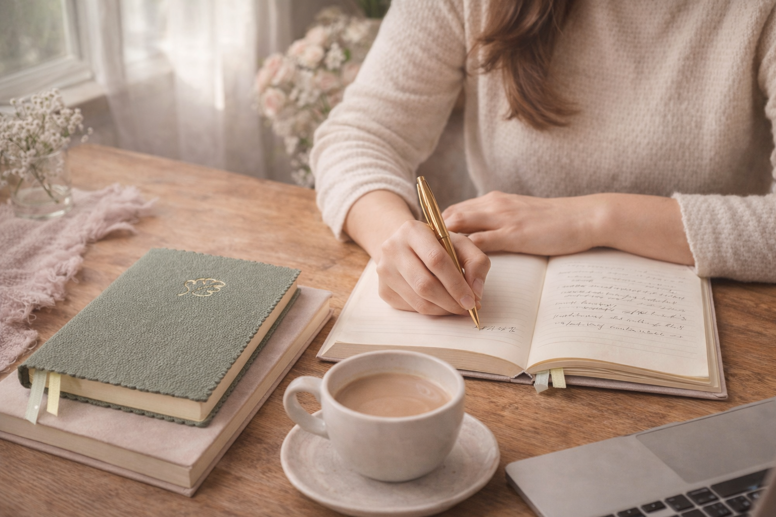 Taccuino A5 con copertina vegana verde salvia e dettaglio dorato, utilizzato da una donna alla scrivania in un ambiente luminoso ed elegante, ideale per appunti, idee e pianificazione quotidiana.