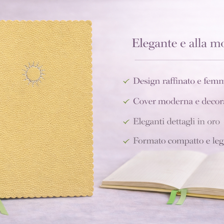 Taccuino elegante giallo con copertina in pelle vegana e dettagli decorativi, presentato con testo overlay che evidenzia design raffinato, dettagli in oro e formato comp

