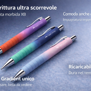 Tre penne a sfera Faber-Castell Poly Ball Urban Gradient con design sfumato, impugnatura ergonomica e clip in metallo, disposte su sfondo elegante blu, ideali per una scrittura fluida e confortevole.
