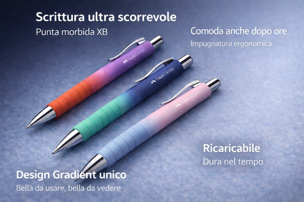 Tre penne a sfera Faber-Castell Poly Ball Urban Gradient con design sfumato, impugnatura ergonomica e clip in metallo, disposte su sfondo elegante blu, ideali per una scrittura fluida e confortevole.
