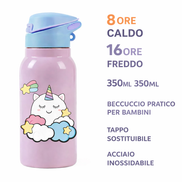 Borraccia termica per bambini da 350 ml in acciaio inossidabile i-Total, colore rosa con tappo azzurro a beccuccio, con scritte overlay che indicano mantenimento caldo 8 ore e freddo 16 ore, su sfondo chiaro e grafica pulita.