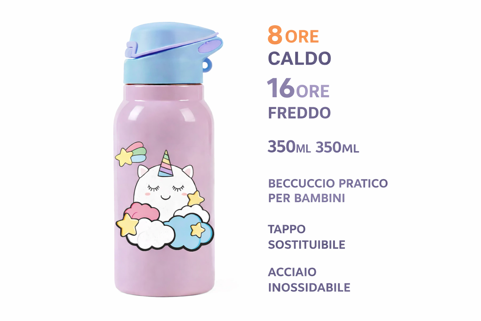 Borraccia termica per bambini da 350 ml in acciaio inossidabile i-Total, colore rosa con tappo azzurro a beccuccio, con scritte overlay che indicano mantenimento caldo 8 ore e freddo 16 ore, su sfondo chiaro e grafica pulita.