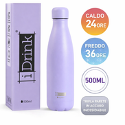 Borraccia termica iDrink color lavanda da 500 ml in acciaio inossidabile, con tappo coordinato e confezione abbinata, progettata per mantenere le bevande calde fino a 24 ore e fredde fino a 36 ore.