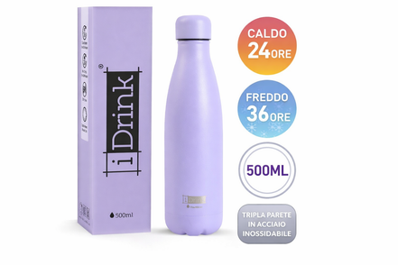 Borraccia termica iDrink color lavanda da 500 ml in acciaio inossidabile, con tappo coordinato e confezione abbinata, progettata per mantenere le bevande calde fino a 24 ore e fredde fino a 36 ore.
