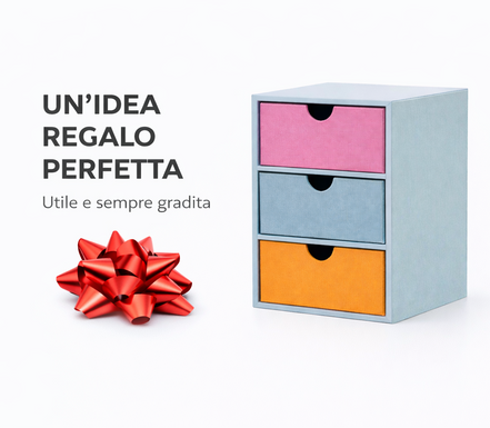 Cassettiera da scrivania a 3 cassetti colorati presentata come idea regalo, utile e sempre apprezzata per organizzare ufficio e spazio di lavoro

