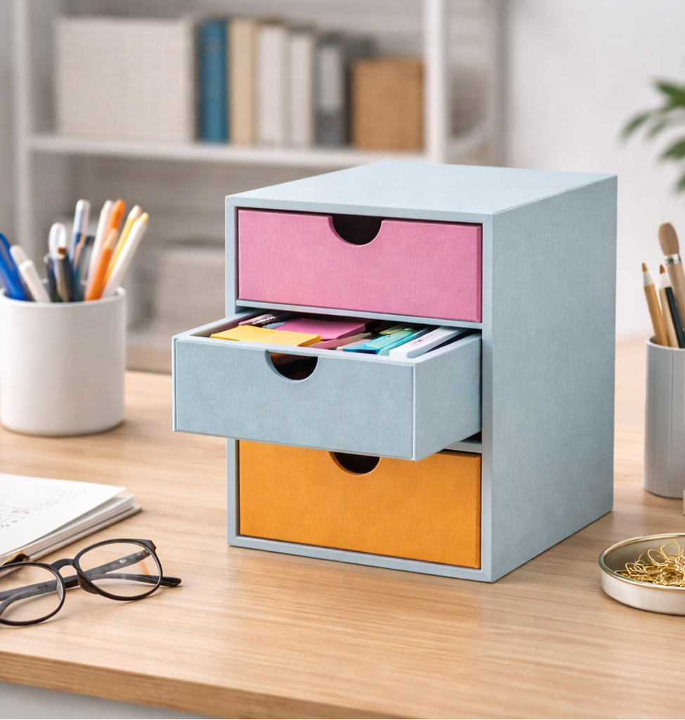 Cassettiera da scrivania a 3 cassetti inserita in un ambiente home office ordinato, ideale per organizzare penne, appunti e accessori sulla scrivania
