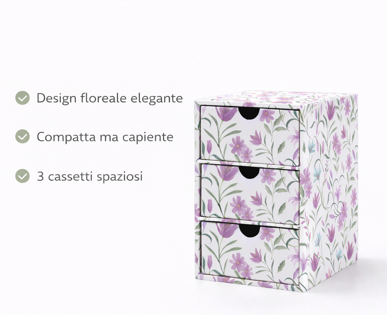 Cassettiera da scrivania a 3 cassetti con design floreale elegante, struttura compatta e cassetti spaziosi per organizzare la scrivania
