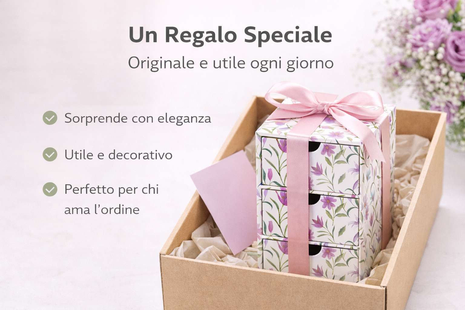 Cassettiera da scrivania a 3 cassetti con design floreale presentata come idea regalo, confezionata in modo elegante e ideale per chi ama ordine e decorazione
