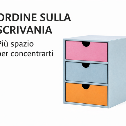 Cassettiera da scrivania a 3 cassetti con design moderno e colorato, ideale per mantenere ordine sulla scrivania e migliorare la concentrazione
