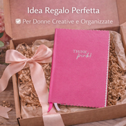 Taccuino Think Pink formato A5 con copertina vegana rosa e scritta decorativa, presentato come idea regalo elegante e creativa
