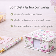 Penna a sfera con motivo floreale abbinata a blocco porta appunti coordinato, ideale per completare una scrivania ordinata ed elegante
