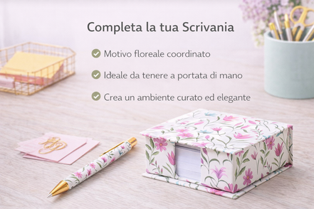 Penna a sfera con motivo floreale abbinata a blocco porta appunti coordinato, ideale per completare una scrivania ordinata ed elegante
