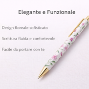 Penna a sfera con motivo floreale elegante e dettagli dorati, ideale per una scrittura fluida e per aggiungere stile alla scrivania
