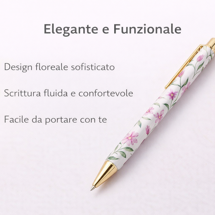 Penna a sfera con motivo floreale elegante e dettagli dorati, ideale per una scrittura fluida e per aggiungere stile alla scrivania
