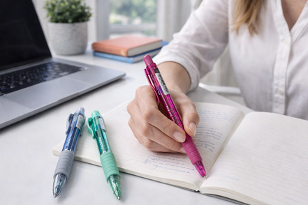 Donna che scrive su un notebook con una penna a sfera Faber-Castell Poly Ball View su una scrivania moderna e luminosa, con computer portatile e due penne colorate appoggiate accanto, per una scrittura fluida e confortevole.

