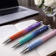 Penne a sfera Faber-Castell Poly Ball Urban Gradient appoggiate su un notebook aperto su una scrivania elegante con computer portatile e fiori, ideali per una scrittura fluida e un ambiente di lavoro raffinato.
