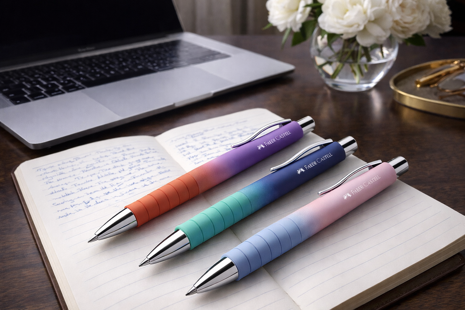 Penne a sfera Faber-Castell Poly Ball Urban Gradient appoggiate su un notebook aperto su una scrivania elegante con computer portatile e fiori, ideali per una scrittura fluida e un ambiente di lavoro raffinato.

