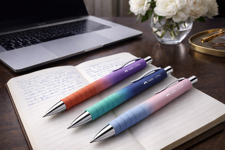 Penne a sfera Faber-Castell Poly Ball Urban Gradient appoggiate su un notebook aperto su una scrivania elegante con computer portatile e fiori, ideali per una scrittura fluida e un ambiente di lavoro raffinato.
