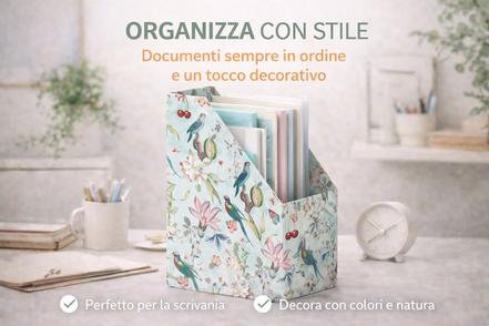 Portariviste A4 da scrivania con fantasia floreale e uccellini, design elegante e decorativo, ideale per organizzare documenti e riviste su una scrivania