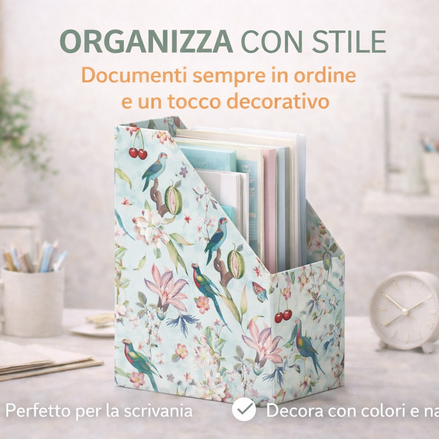 Portariviste A4 da scrivania con fantasia floreale e uccellini, design elegante e decorativo, ideale per organizzare documenti e riviste su una scrivania