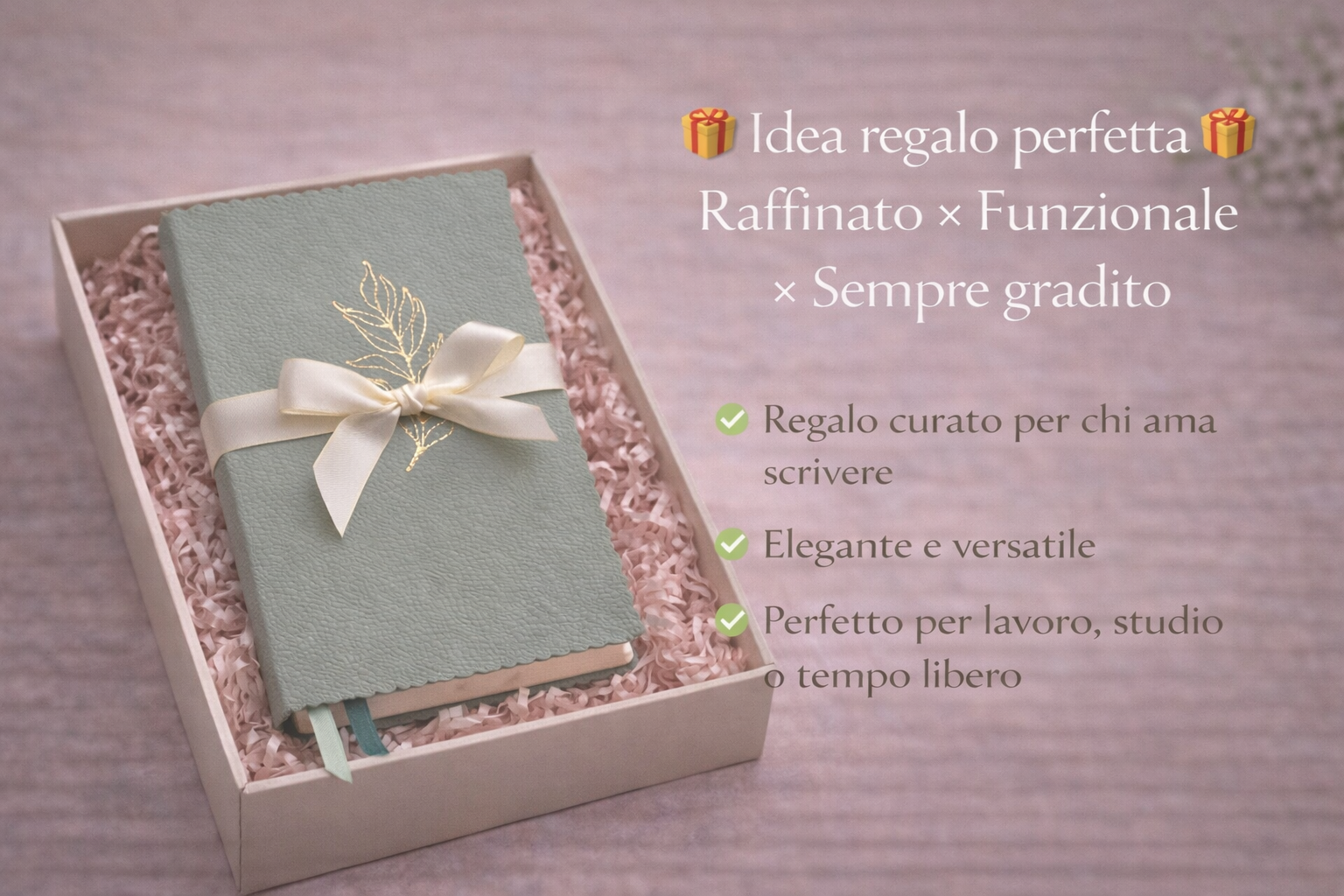 Taccuino A5 verde salvia con copertina elegante in pelle vegana e decorazione dorata, presentato come idea regalo raffinata.