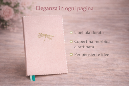 Taccuino A5 con copertina vegana color cipria e dettaglio libellula dorata, ideale per scrivere pensieri e organizzare idee con eleganza
