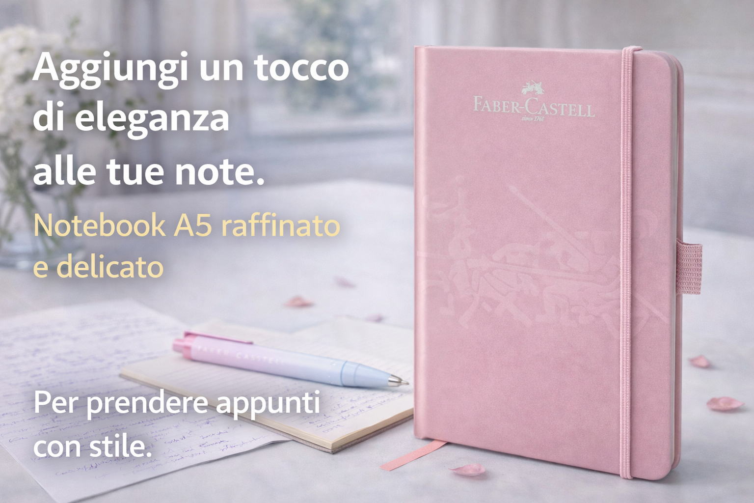 Taccuino Faber-Castell Notebook A5 Rose Shadow con copertina rosa elegante, carta di alta qualità certificata FSC e chiusura con elastico, ideale per appunti, studio e scrittura quotidiana.
