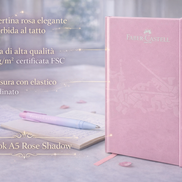 Taccuino Faber-Castell Notebook Rose Shadow con copertina rigida rosa, carta da 100 g/m² certificata FSC, pagine a righe e chiusura elastica, ideale per organizzare appunti e scrivere ogni giorno.
