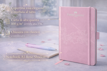Taccuino Faber-Castell Notebook Rose Shadow con copertina rigida rosa, carta da 100 g/m² certificata FSC, pagine a righe e chiusura elastica, ideale per organizzare appunti e scrivere ogni giorno.
