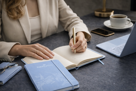 Donna elegante che scrive su un notebook A5 Faber-Castell azzurro su una scrivania raffinata, ideale per appunti di lavoro e uso quotidiano.