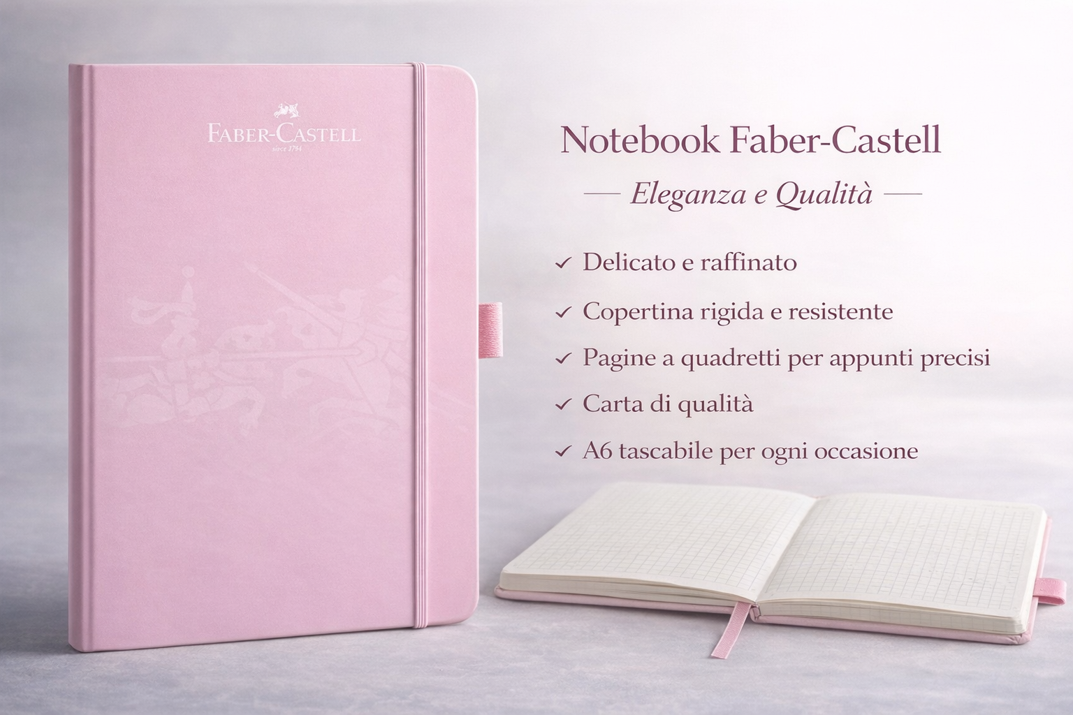 Notebook A6 Rosa Faber-Castell con copertina rigida, pagine a quadretti e design elegante.
