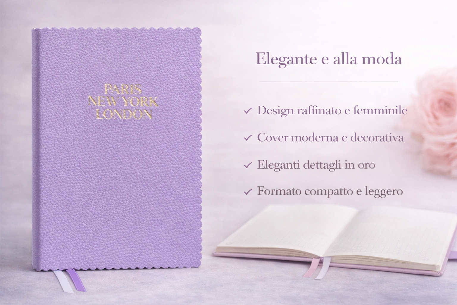 Taccuino elegante lilla con copertina effetto pelle e scritta dorata “Paris New York London”, presentato con pagine a quadretti e design raffinato.
