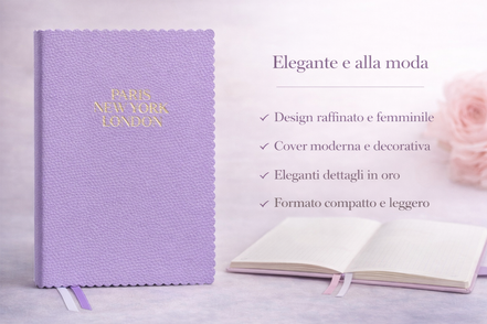 Taccuino elegante lilla con copertina effetto pelle e scritta dorata “Paris New York London”, presentato con pagine a quadretti e design raffinato.
