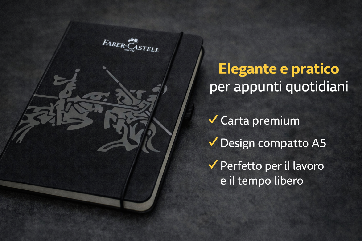 Notebook A5 Faber-Castell nero con copertina rigida elegante, carta premium e formato compatto, perfetto per organizzare appunti di lavoro e uso quotidiano.