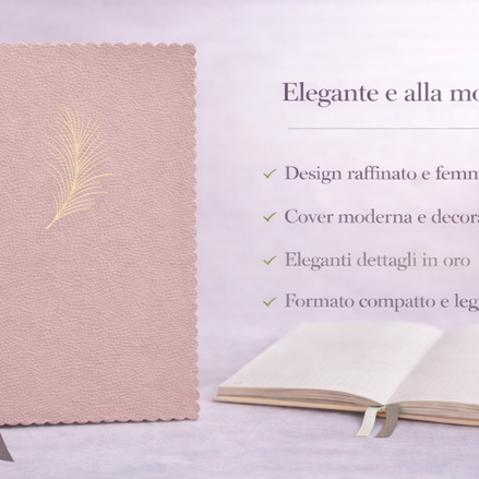 Taccuino elegante rosa con copertina in pelle vegana e dettagli decorativi, presentato con testo overlay che evidenzia design raffinato, dettagli in oro e formato compatto e leggero.
