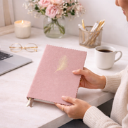 Donna seduta a una scrivania bianca e ordinata mentre utilizza un taccuino rosa elegante, in un ambiente luminoso e minimal, stile lifestyle.